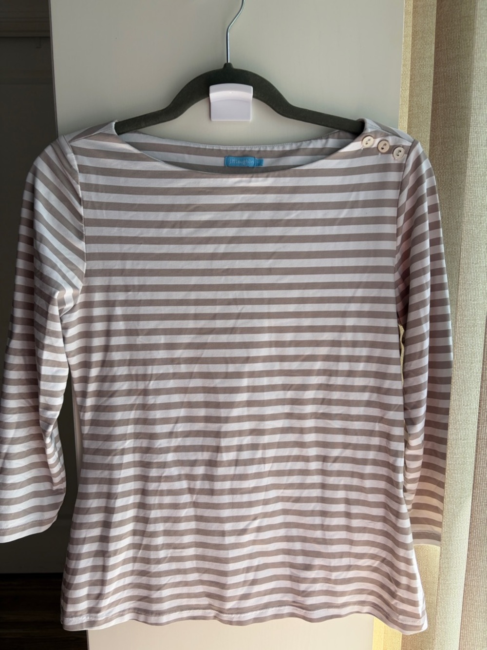J. McLaughlin White & Taupe Striped Boatneck Top with Shoulder Buttons